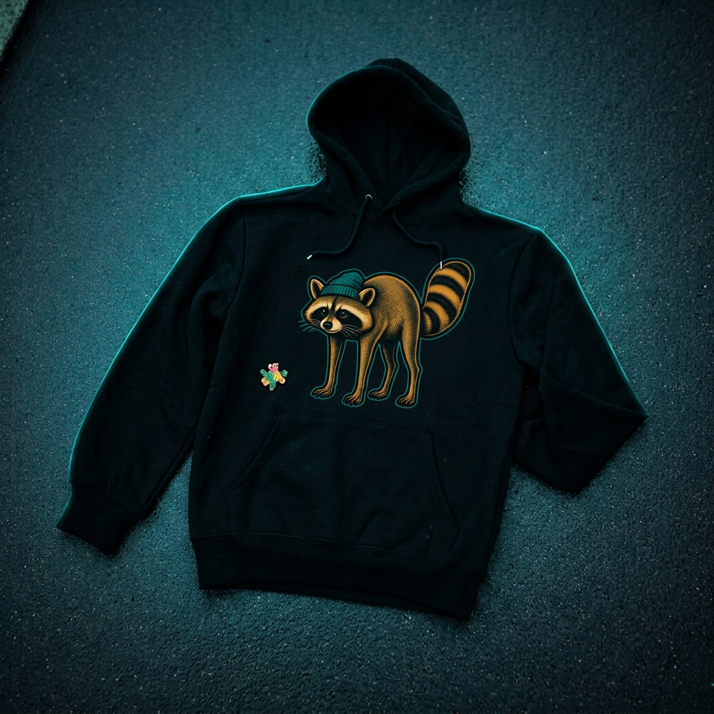 Black Gojimothy hoodie and enamel pins on wet asphalt