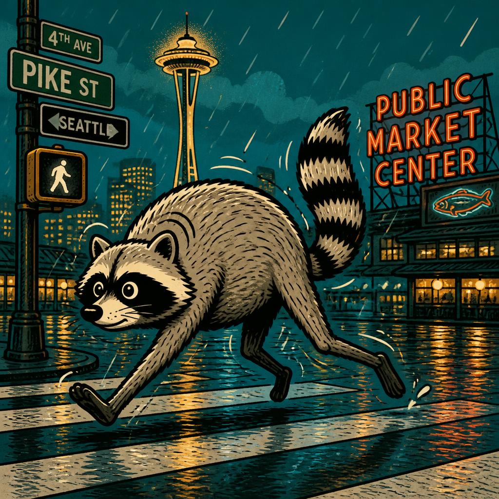 Gojimothy mid-waddle across a rainy Seattle crosswalk
